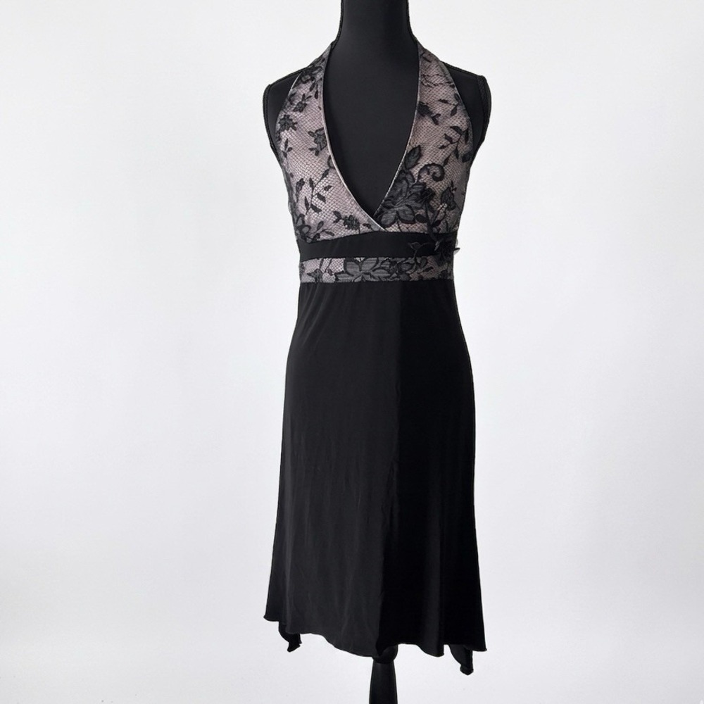 Y2k Halter Dress Floral Lace Fairy Coquette Black Lettuce Trim Women's L‎ Opera